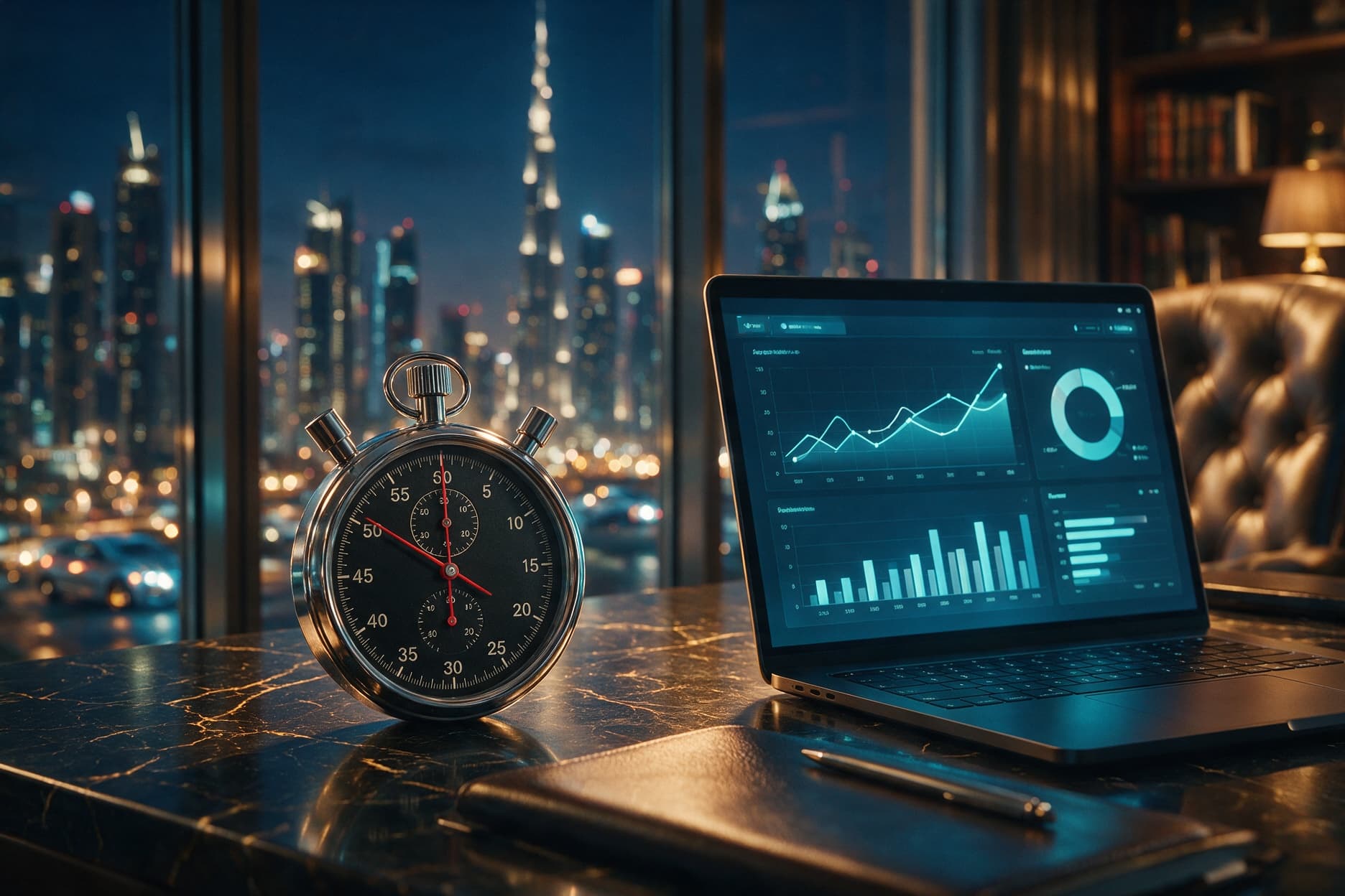 A business owner running a quick check on a laptop with a stopwatch and an ad dashboard glowing on a calm Dubai desk at dusk