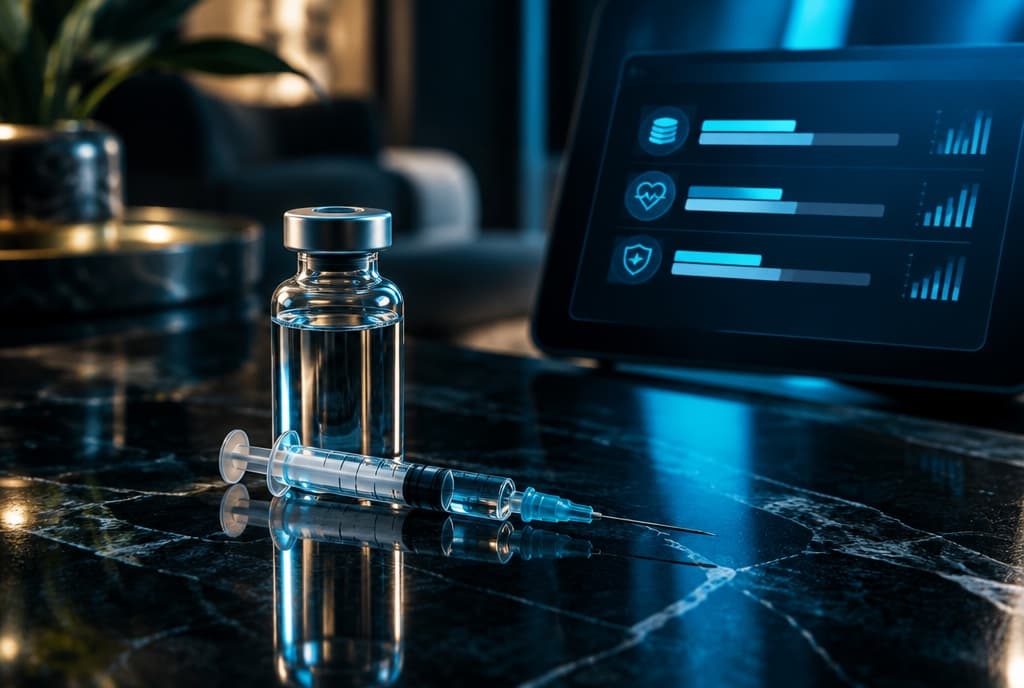 A single vial and syringe on dark marble beside a glowing cost dashboard, premium side light, evoking the real cost of aesthetic ads in Dubai