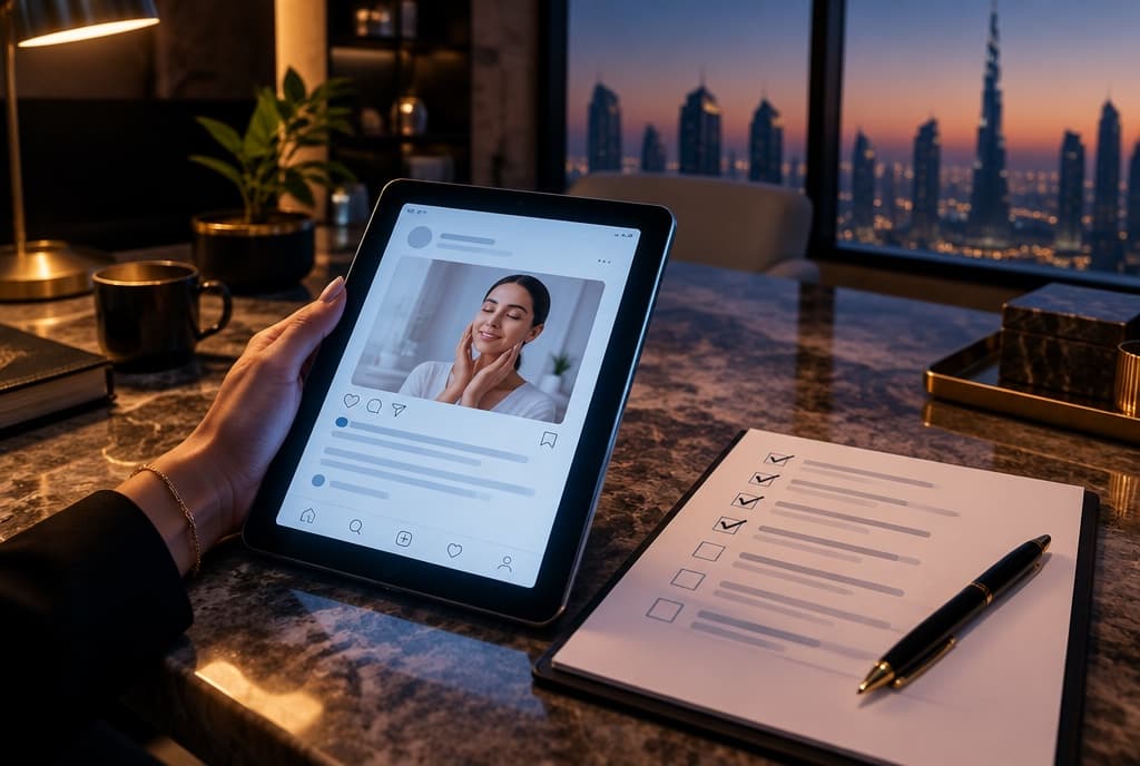 A clinic marketing manager reviewing a social media post on a tablet beside a compliance checklist on a calm Dubai office desk at dusk