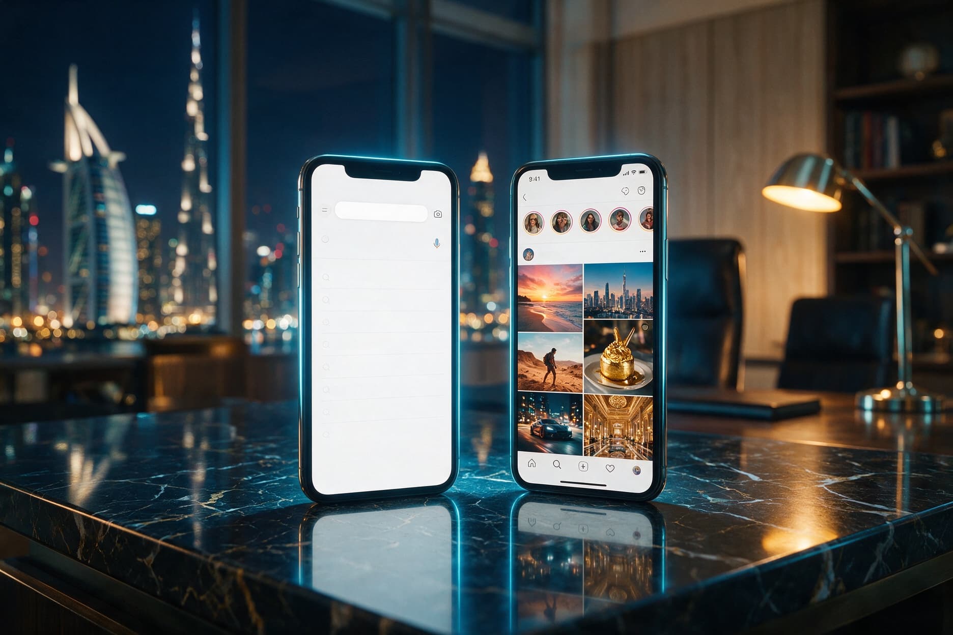 Split composition of a Google search bar and a social media feed on two phones, lit blue on a dark Dubai desk, representing intent versus discovery