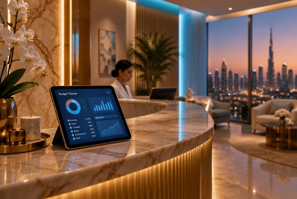 A calm Dubai clinic reception at dusk with a glowing budget planner on a tablet, marble and warm light, evoking a measured ad budget decision