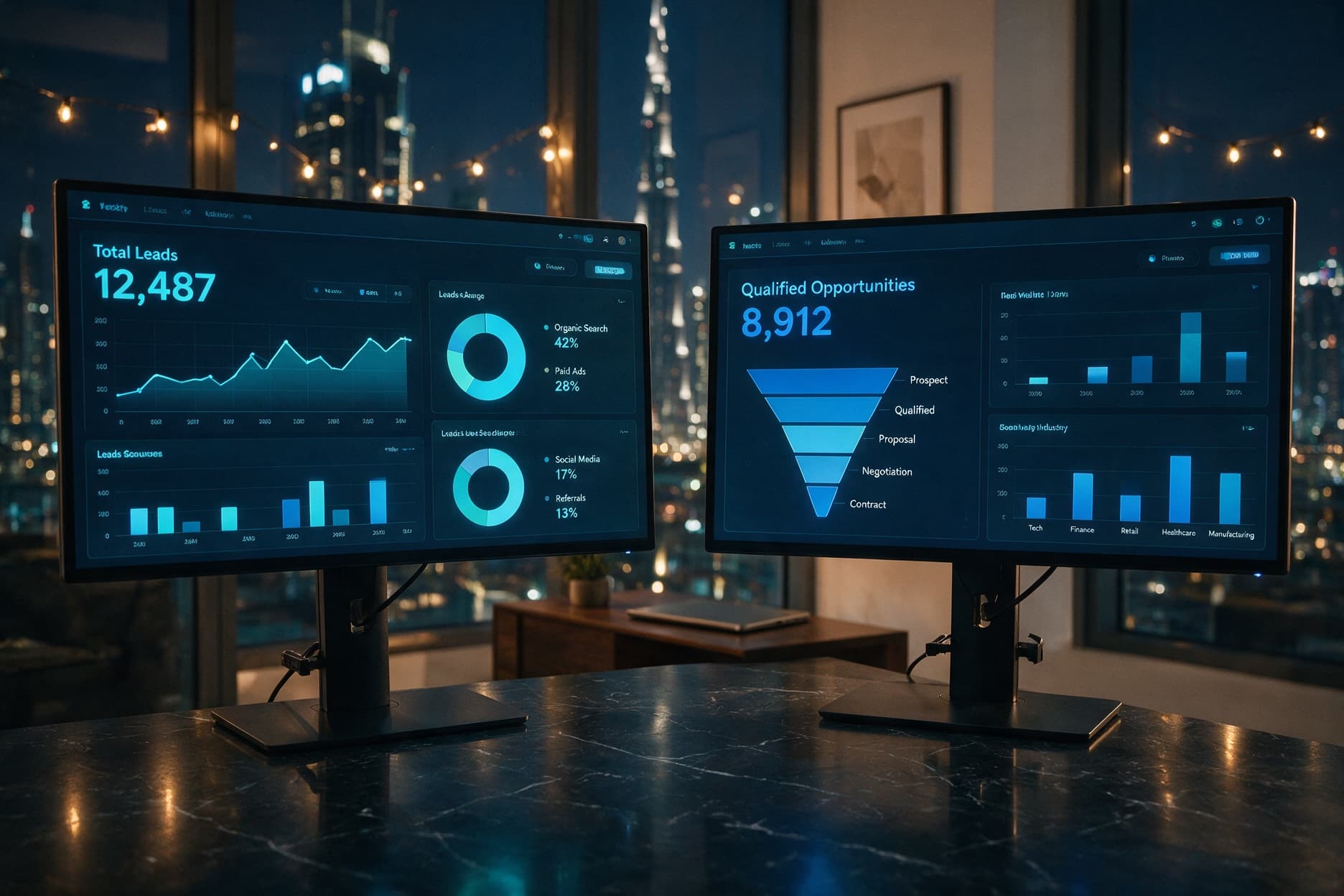 Two glowing dashboards side by side on a dark Dubai desk showing mismatched conversion numbers, a reported total against real sales