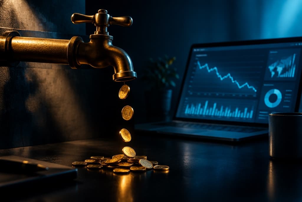 A brass tap dripping coins into shadow on a dark desk beside a glowing ad dashboard, evoking slow leaks of ad budget in Dubai