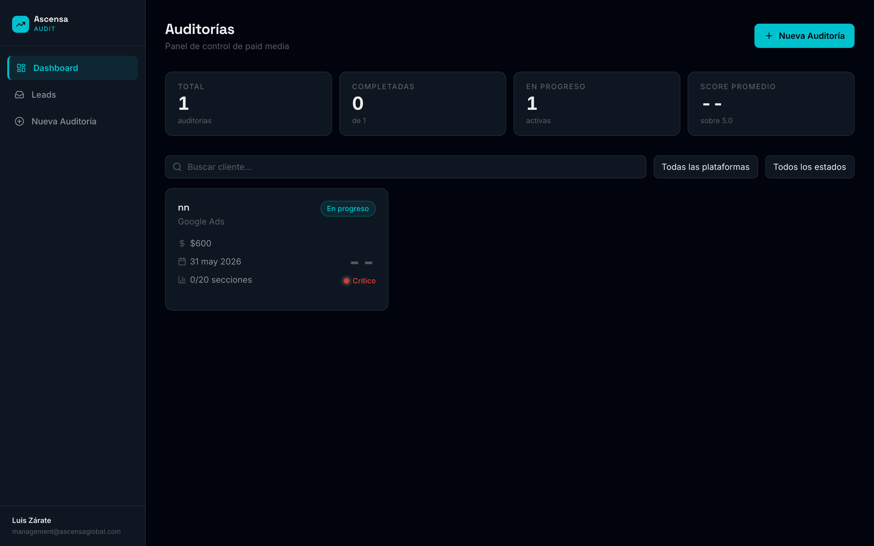Ascensa Audit — captura del producto