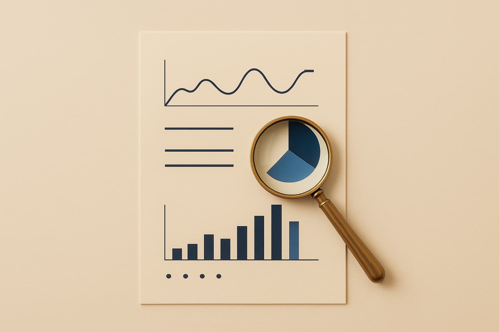 Lupa apoyada sobre un panel impreso de métricas publicitarias, ampliando una sección de datos