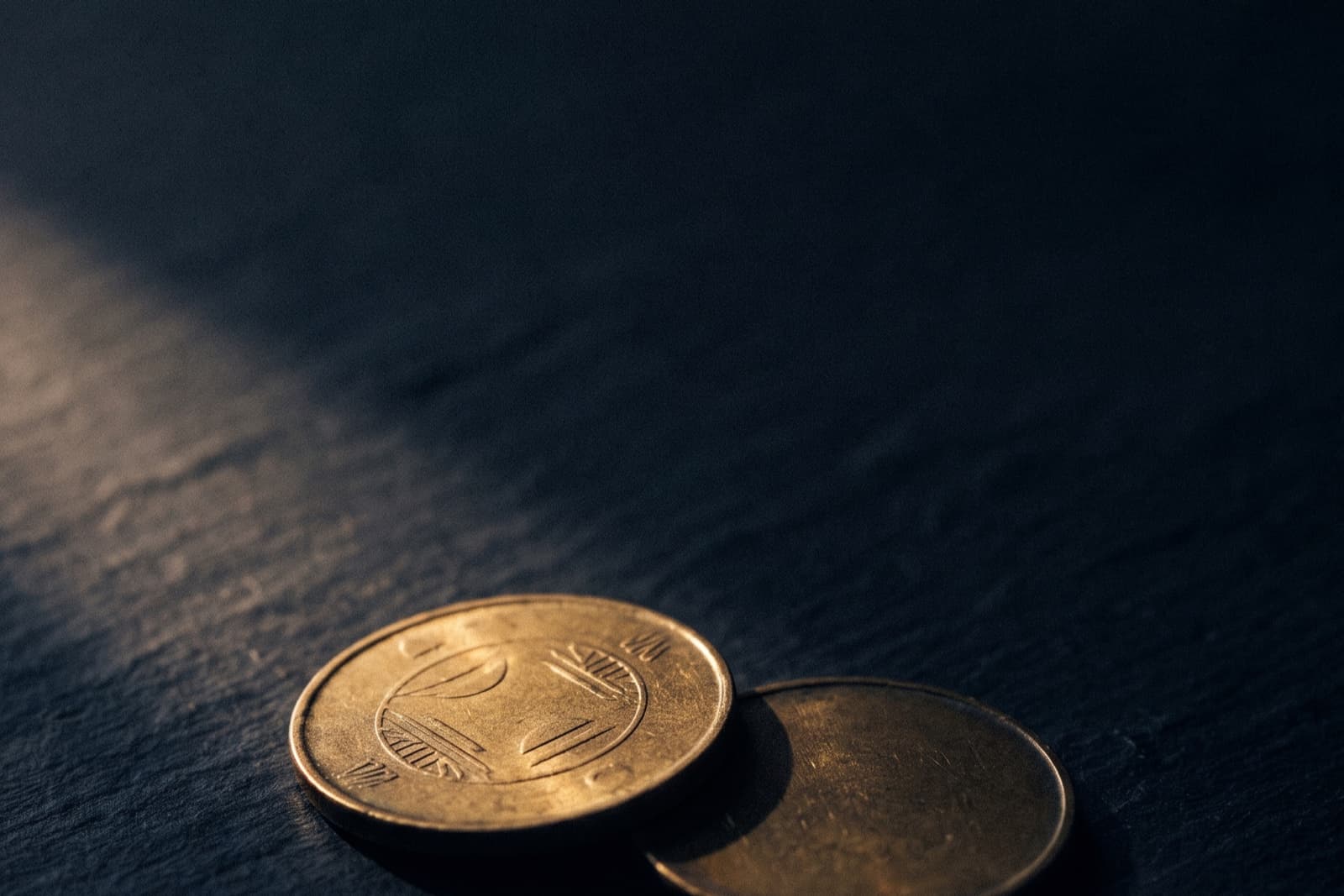 Two brass coins on dark slate, one lit and one in shadow, evoking the real cost of a paid media agency
