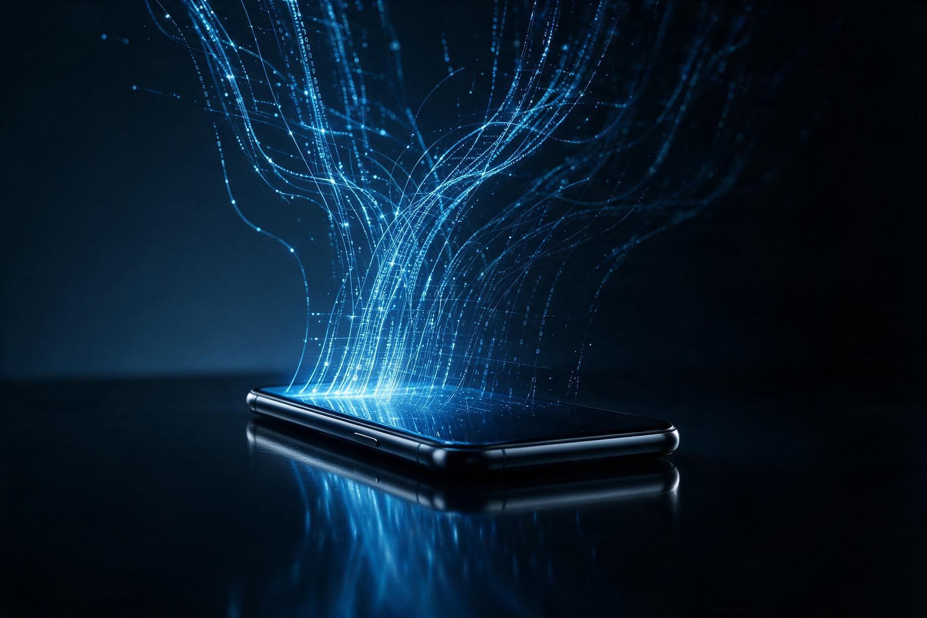 Dark macro detail of a smartphone camera lens and circuitry, evoking invisible signal loss on iOS
