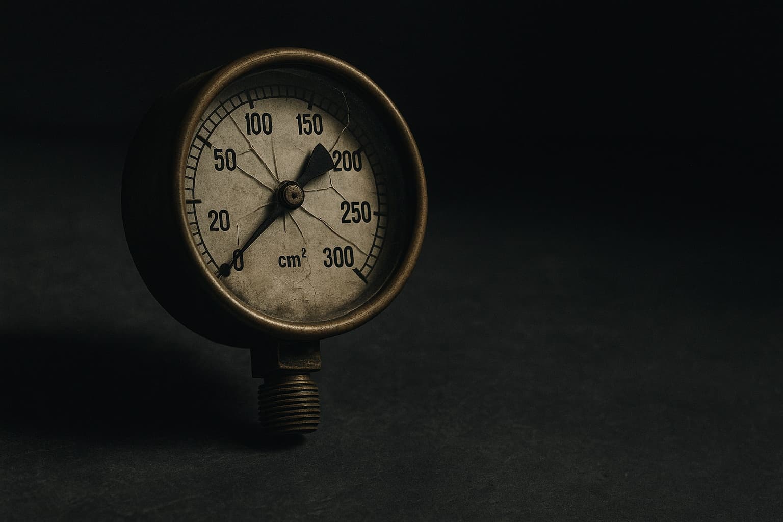 Brass pressure gauge with a cracked glass face on a dark desk, dramatic side light